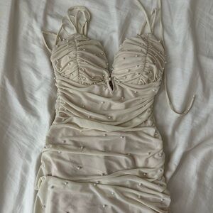 privy Cream Ruched Midi Dress with Pearl Beading